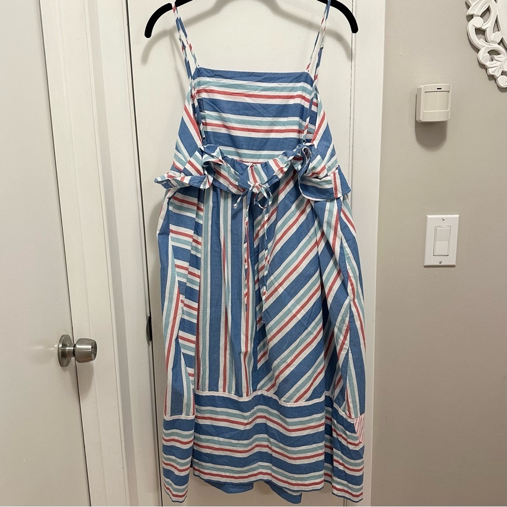 CELANDINE Anthropologie Sleeveless Knee Length Stripe Ruffle Dress M preppy NWT - Picture 5 of 10